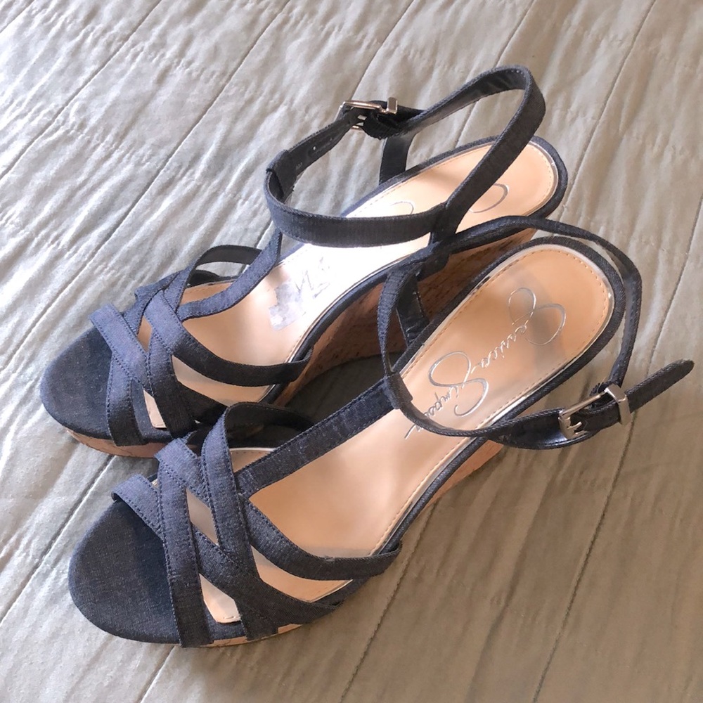 Blue Denim Strappy Wedge Sandals Jessica Simpson Sz 9.5
